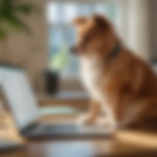 A thoughtful pet owner reviewing pet insurance options with a laptop.