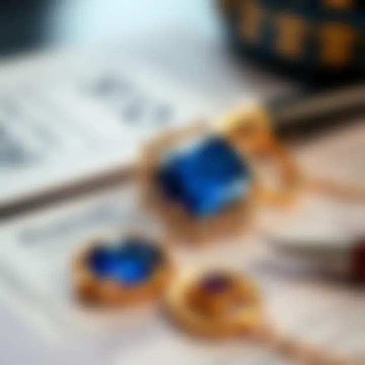 Close-up of sapphire jewelry and financial documents