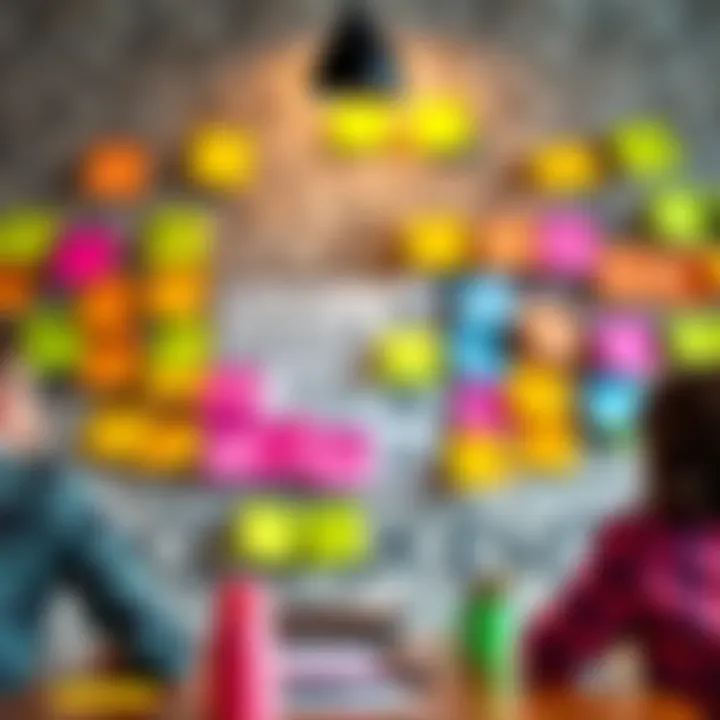 Brainstorming Session with Sticky Notes A creative brainstorming session illustrated with colorful sticky notes on a wall