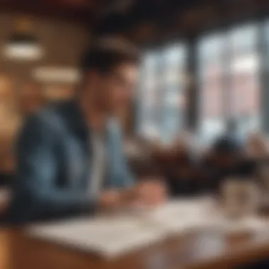 Student studying with Harvard materials at a coffee shop