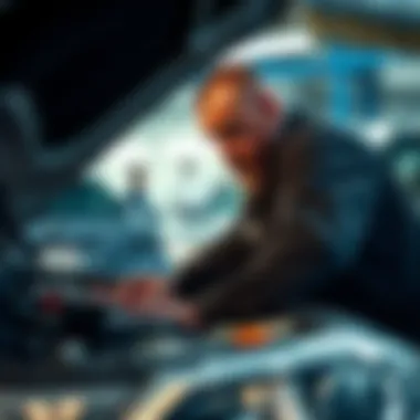 A mechanic inspecting a used car under the hood