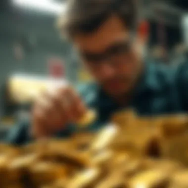 Assessing Value in Precious Coins A professional evaluating gold coins under bright lighting