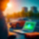 A digital illustration depicting a car and a laptop symbolizing online refinancing.