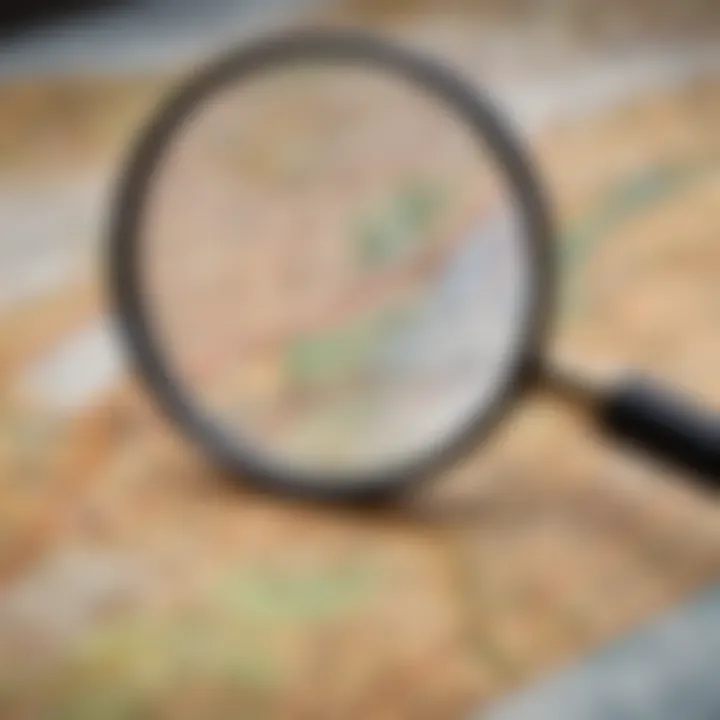 A magnifying glass over a map indicating land areas