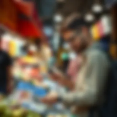 Traveler using prepaid card at a market