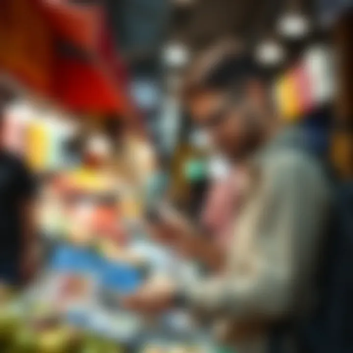 Traveler using prepaid card at a market