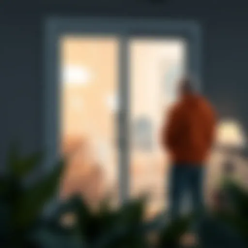 Illustration of a broken sliding glass door with a homeowner assessing the damage