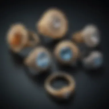 A collection of vintage rings displayed elegantly on a velvet surface